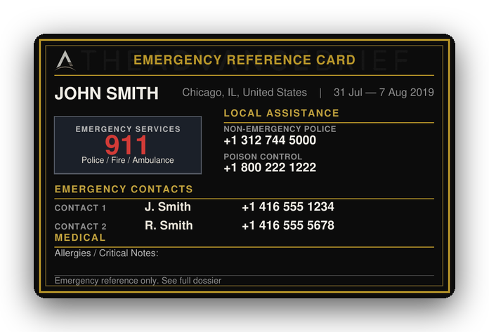 Sample emergency reference card with fictional data
